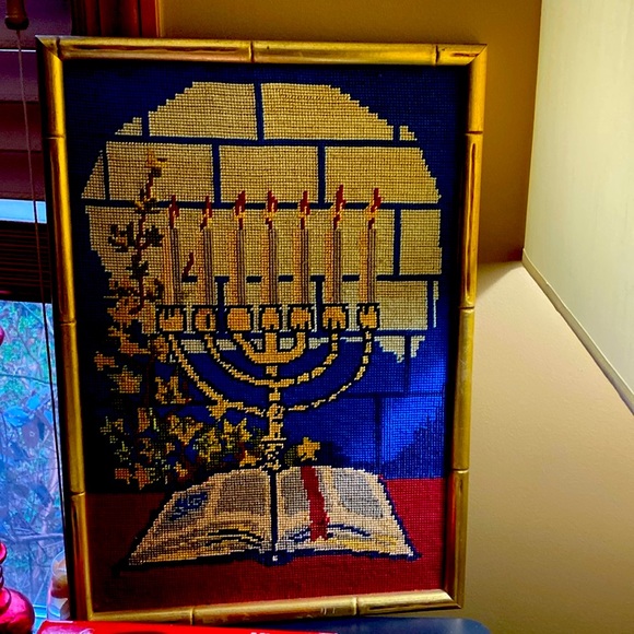 Large Needle Point Approximately19’ by 13’ Vibrant Colors Gold Bamboo Frame - Picture 1 of 12